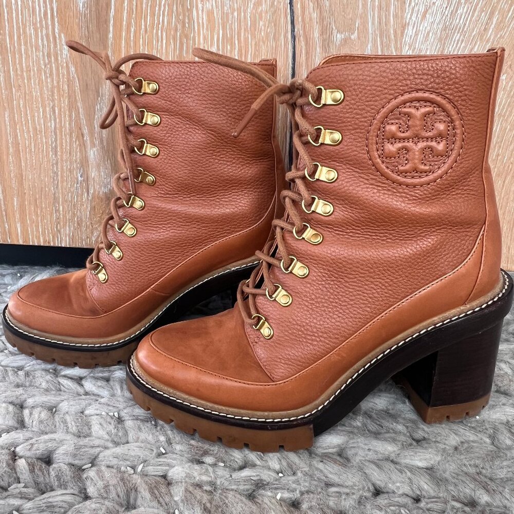 Tory Burch 100mm lace-up, brown leather boots.